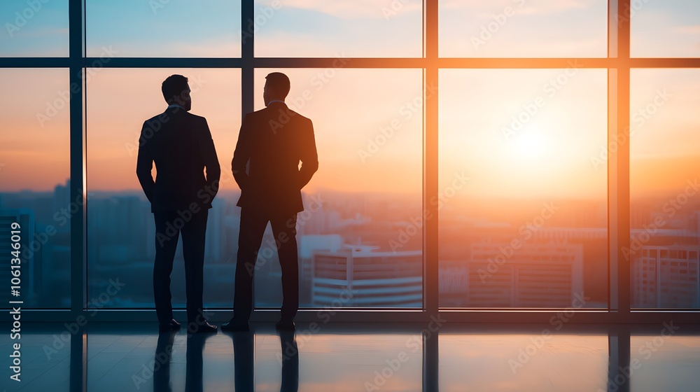 Two Colleagues Engaged in a Thoughtful Discussion Against the Backdrop of a Beautiful Sunset. Store Management Concept Two Colleagues Engaged in a Thoughtful Discussion Against the Backdrop of a Beautiful Sunset. Store Management Concept