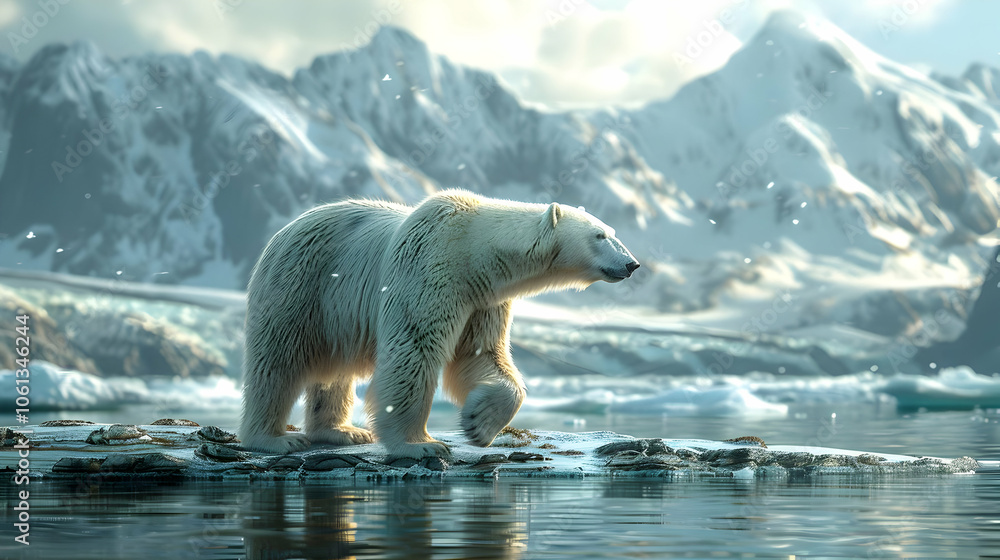 Polar Bear Standing on Iceberg in Snowy Mountains 3D Illustration Polar Bear Standing on Iceberg in Snowy Mountains 3D Illustration