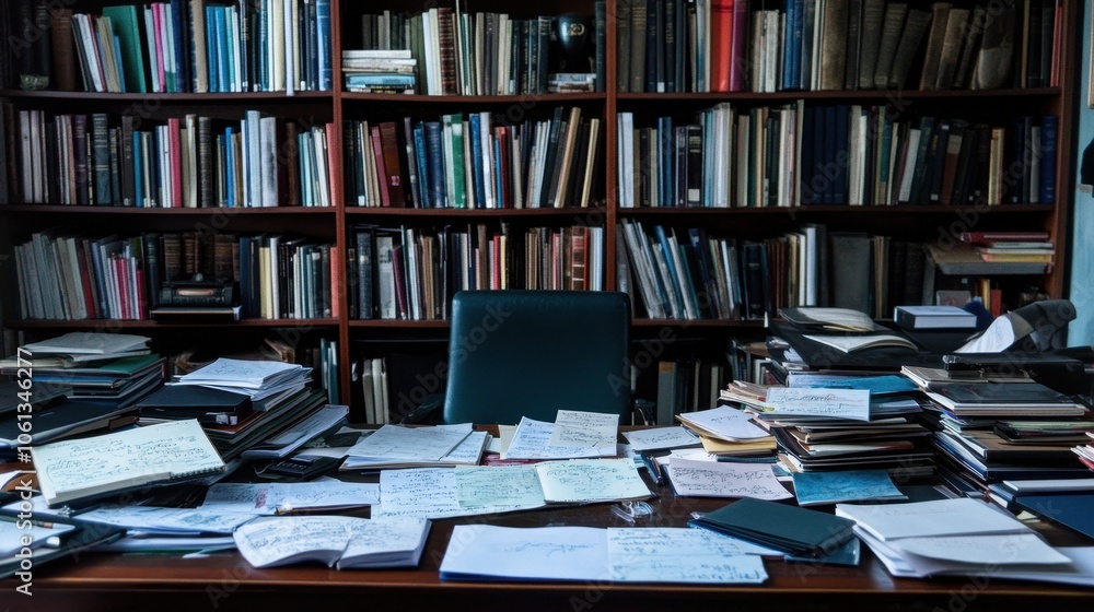 Cluttered Bookshelf and Desk in Academic Study Cluttered Bookshelf and Desk in Academic Study