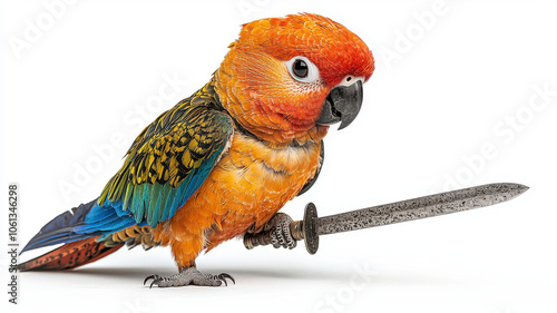 colorful parrot with vibrant feathers holding tiny sword, exuding playful and adventurous spirit. Perfect for whimsical themes photo