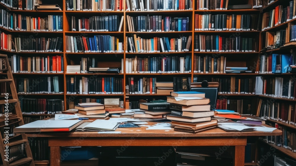 Fototapeta premium Cozy Library Nook with Bookshelves and Scattered Books