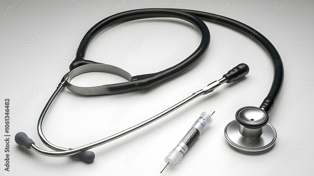 A stethoscope and syringe arranged on a clean surface, symbolizing medical tools used for examination and treatment. A stethoscope and syringe arranged on a clean surface, symbolizing medical tools used for examination and treatment.