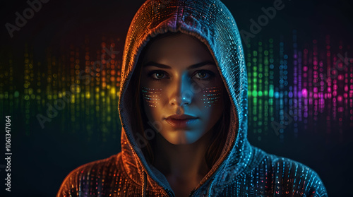 Woman Mysterious hacker wearing a hood with rainbow binary data effect Background wallpaper,generative.ai