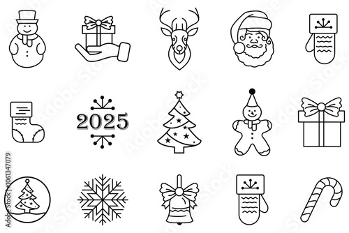 Christmas icons, vectors set sing and symbols. Christmas outline set icons, vector design. Giftbox, Tree, Year, Candle, Santa, deer, bell, angel, candy, and snowflake. Vector illustrations.