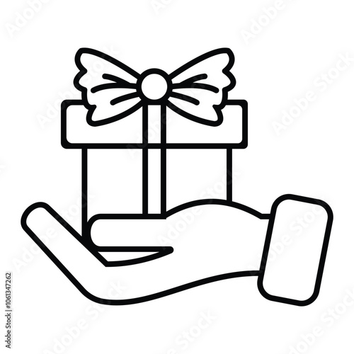 Gift box icon, vector,  silhouette. line gift box icon black. Hand showing concept icon of giving gift, vector illustration. 