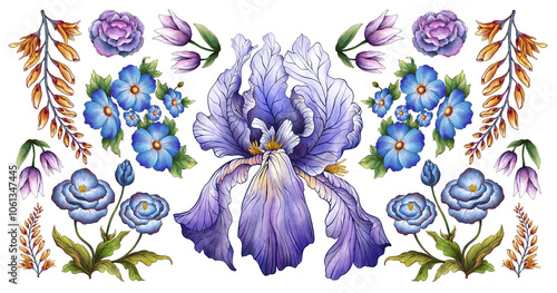 Flower Collection Illustration with Transparent Background. Colorful Spring Floral Set.