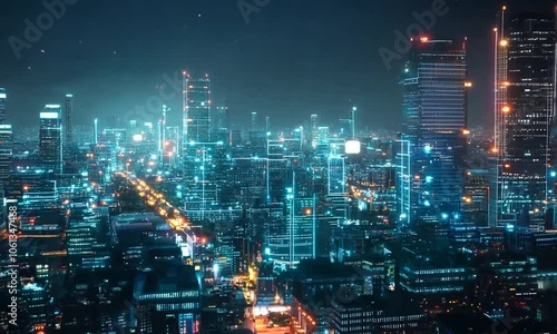 Wallpaper Mural Smart city digital transformation development concept. Band lights over modern urban cityscape at night. New fast internet communication 5G technology. Fiber Optics Torontodigital.ca