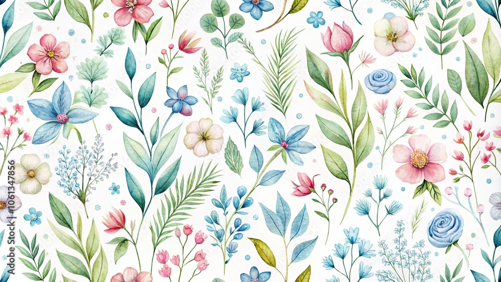 A Verdant Tapestry of Delicate Blooms and Lush Foliage, Woven with Watercolor Precision A Verdant Tapestry of Delicate Blooms and Lush Foliage, Woven with Watercolor Precision