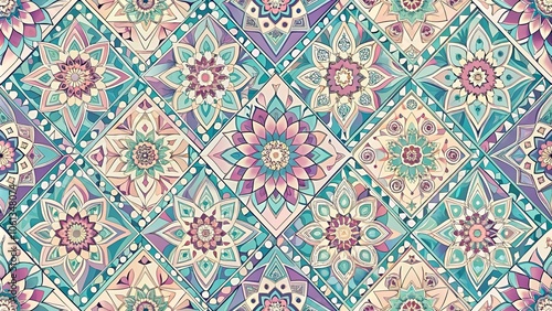 A seamless pattern of colorful intricate floral motifs in a geometric arrangement.