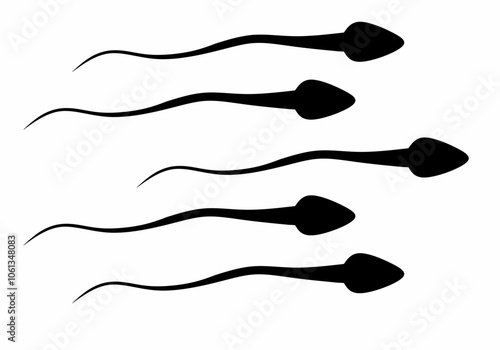 black silhouette image of five sperm cells with elongated heads and tails, displayed on a white background, resembling simple vector graphics.