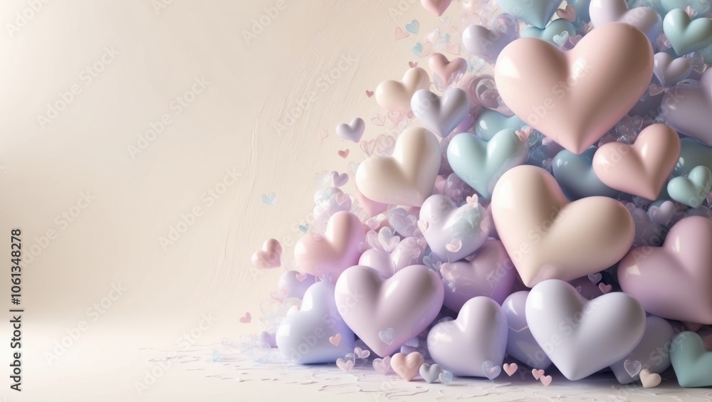 3D illustration of kindness and love with floating hearts in soft pastel colors. 3D illustration of kindness and love with floating hearts in soft pastel colors.