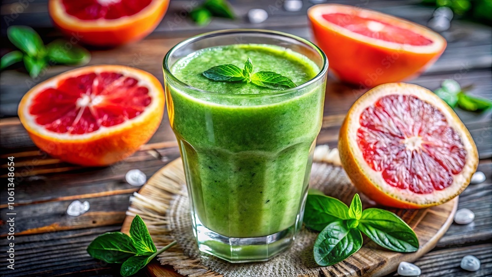 A refreshing green smoothie garnished with a sprig of mint, accompanied by halved citrus fruits on a rustic wooden table. A refreshing green smoothie garnished with a sprig of mint, accompanied by halved citrus fruits on a rustic wooden table.