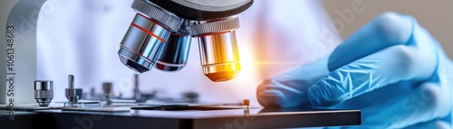 Close-up of a laboratory microscope with a gloved hand adjusting the slide, showcasing scientific research.