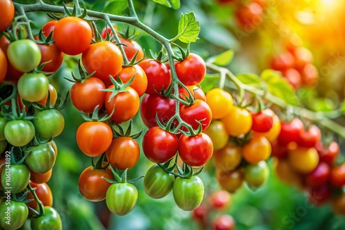 Aerial View of Vibrant Cherry Tomato Truss in Lush Green Garden Setting, Perfect for Fresh Produce, Gardening, and Organic Farming Concepts