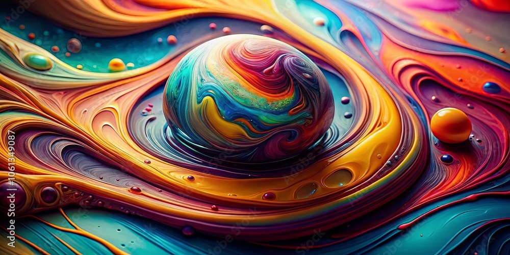A swirling orb of vibrant hues resting on a bed of liquid, a colorful dance of form and fluidity. A swirling orb of vibrant hues resting on a bed of liquid, a colorful dance of form and fluidity.