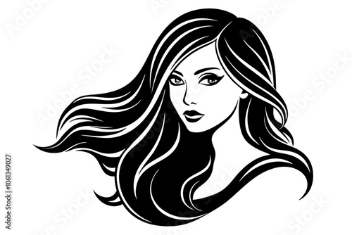 Silhouette of beautiful girl in profile with long hair,Silhouette of a womans head with curly hair vector illustration,Vector illustration of a black and white silhouette of a girl's face.