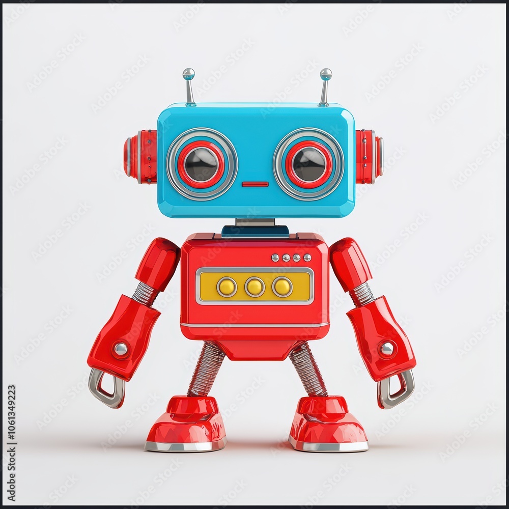 Fototapeta premium Colorful retro robot toy with round eyes and a cheerful expression, standing on a white isolated background.