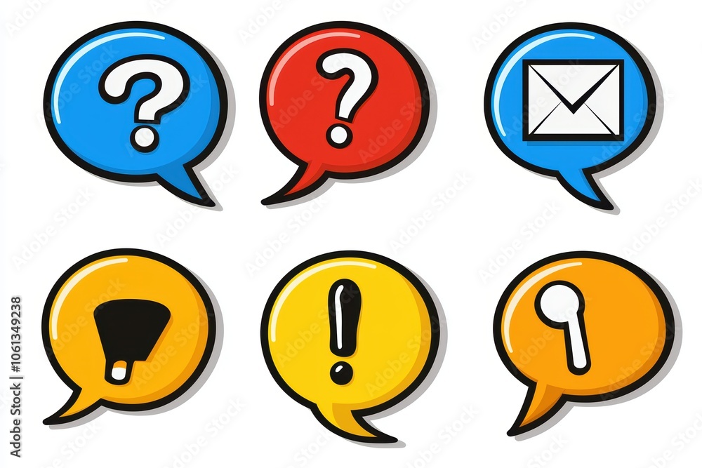 Colorful speech bubbles with question marks, exclamation marks, and an envelope icon on white background. Colorful speech bubbles with question marks, exclamation marks, and an envelope icon on white background.