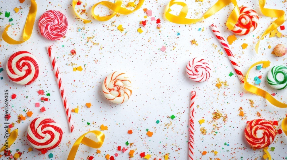 Festive Candy, Confetti, and Ribbon Arrangement Festive Candy, Confetti, and Ribbon Arrangement