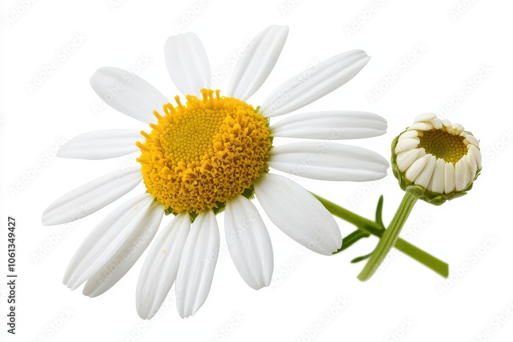 Fototapeta premium Daisy flower with yellow center and budding flower, white isolate background.