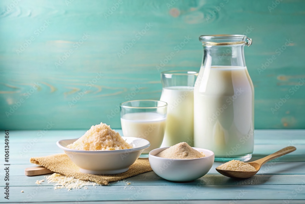 Architectural Photography of Milk and Milk Powder Concept with Soft Color Background and Ample Copy Space for Marketing and Branding Purposes Architectural Photography of Milk and Milk Powder Concept with Soft Color Background and Ample Copy Space for Marketing and Branding Purposes