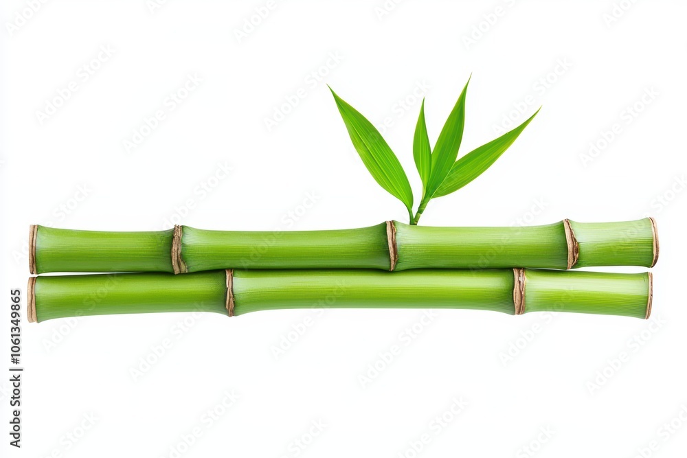 Fototapeta premium Fresh green bamboo stalks with leaves on a white isolated background.