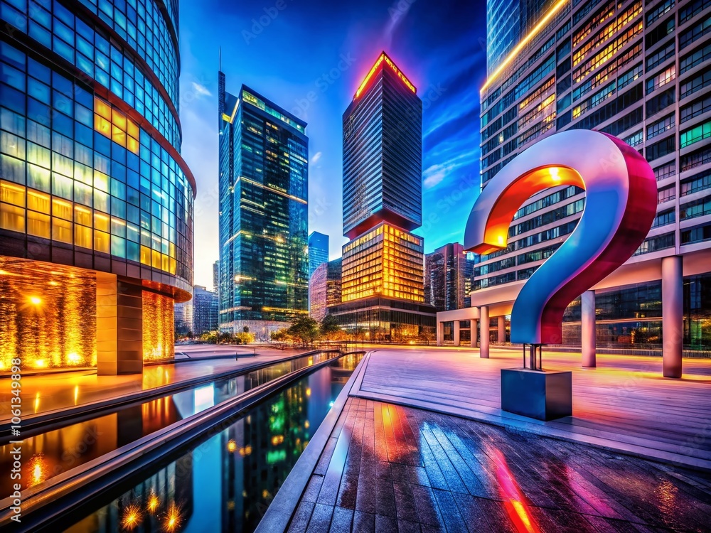 Fototapeta premium Architectural Photography of Question Mark Icon, Quiz Symbol, Interrogation Sign, Simple Rebus Silhouette, FAQ Set in Modern Urban Environment