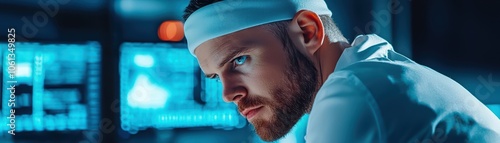 Focused scientist analyzing data in a modern laboratory with blue lighting. photo