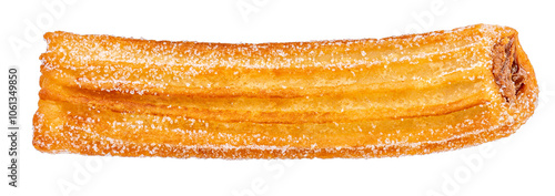 One Churro isolated on white. Flying Fried churros with sugar cristals in the air. Levitating Traditional Spanish dessert. Collection photo