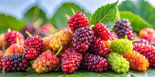 Wallpaper Mural A vibrant collection of ripe mulberries in hues of red, purple, green, and yellow, nestled among lush green leaves, capturing the essence of summer's bounty. Torontodigital.ca