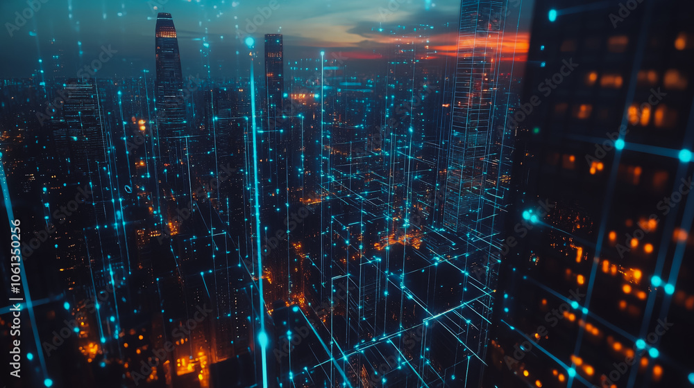 Smart digital city with connection cyber security network reciprocity over the cityscape . future smart wireless digital city and social media networking systems that connects people within the city Smart digital city with connection cyber security network reciprocity over the cityscape . future smart wireless digital city and social media networking systems that connects people within the city
