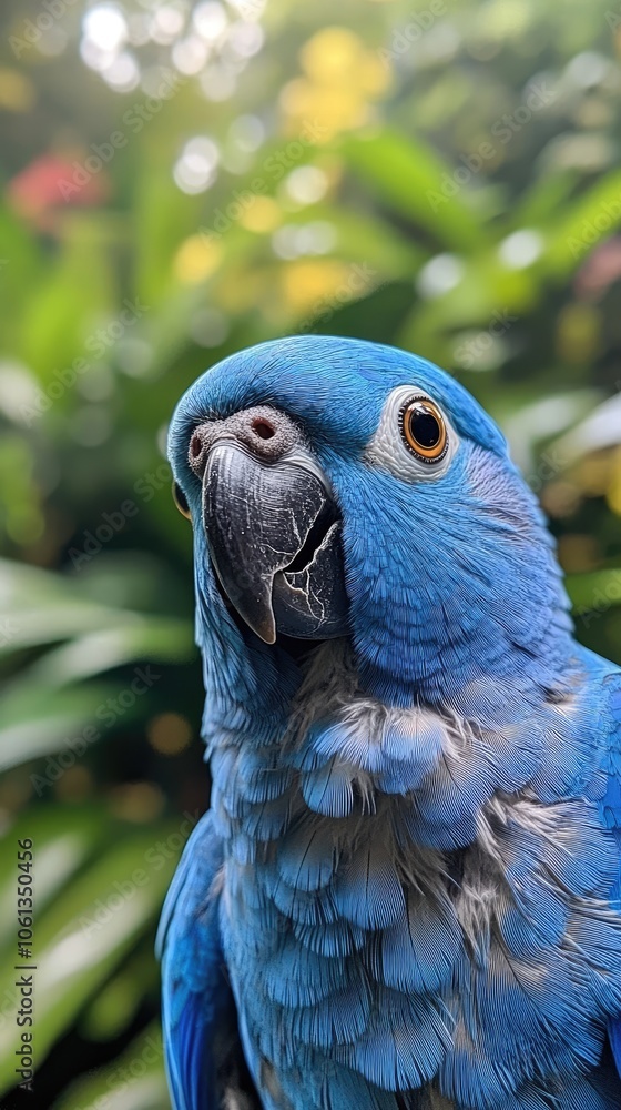 Obraz premium Blue hyacinth macaw parrot staring with intense gaze in lush tropical setting