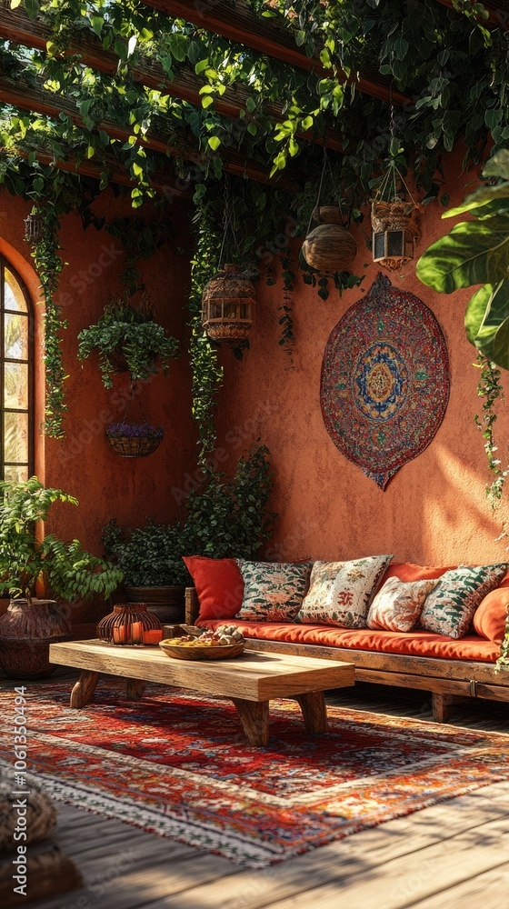 Fototapeta premium Cozy patio with hanging plants creating relaxing atmosphere in moroccan style