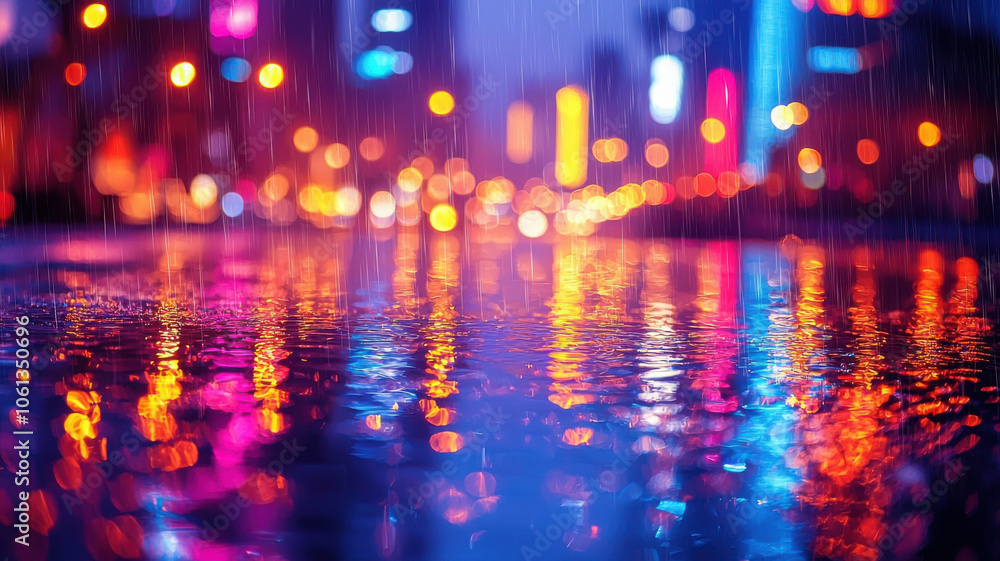 Vibrant neon lights reflecting on wet pavement create mesmerizing scene. blurred edges and colorful reflections evoke sense of urban nightlife and tranquility Vibrant neon lights reflecting on wet pavement create mesmerizing scene. blurred edges and colorful reflections evoke sense of urban nightlife and tranquility