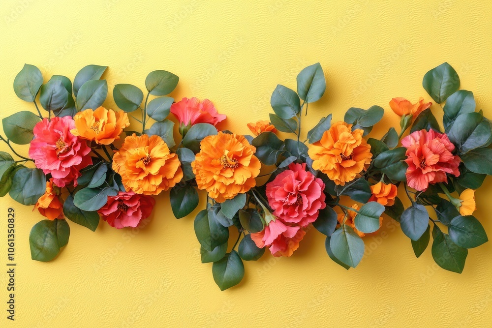 Obraz premium Orange and pink flowers creating a decorative border on yellow background