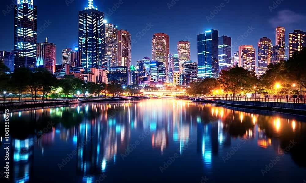 A city skyline at night with shining lights reflecting off a calm river A city skyline at night with shining lights reflecting off a calm river