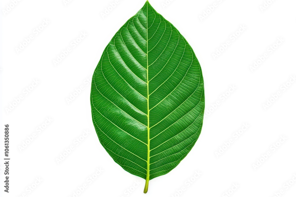 Lush green leaf with detailed texture, isolated on white background. Lush green leaf with detailed texture, isolated on white background.