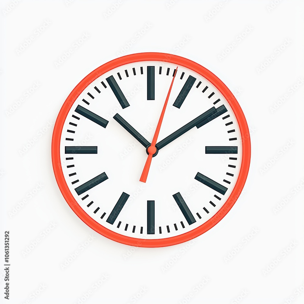 Modern clock design with a bold red frame and simple black numbers on a white background. Modern clock design with a bold red frame and simple black numbers on a white background.