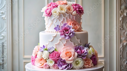 Two-tiered cake adorned with delicate sugar blossoms, showcasing a vibrant array of pastel hues and intricate frosting details.