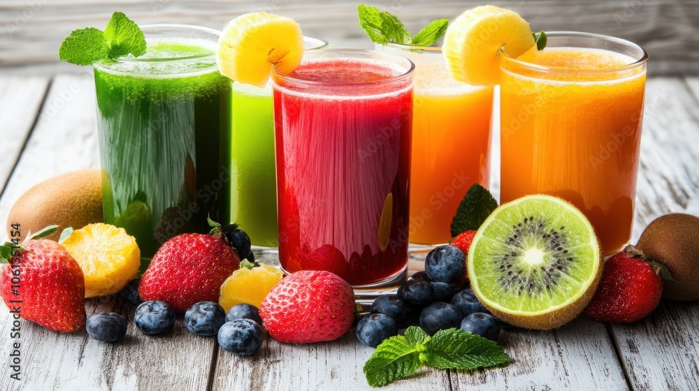 Vibrant Fruit and Vegetable Smoothies on Rustic Wooden Background Vibrant Fruit and Vegetable Smoothies on Rustic Wooden Background