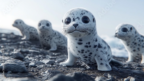 Adorable Baby Harp Seals Resting on a Rocky Shore photo