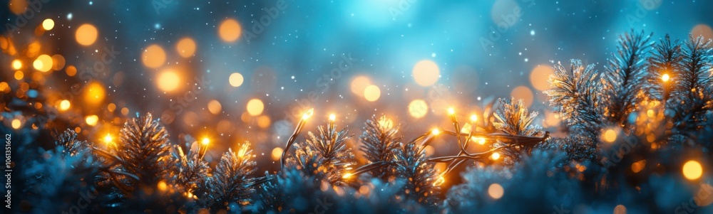 Naklejka premium Snow covered tree with lights on it, christmas holiday