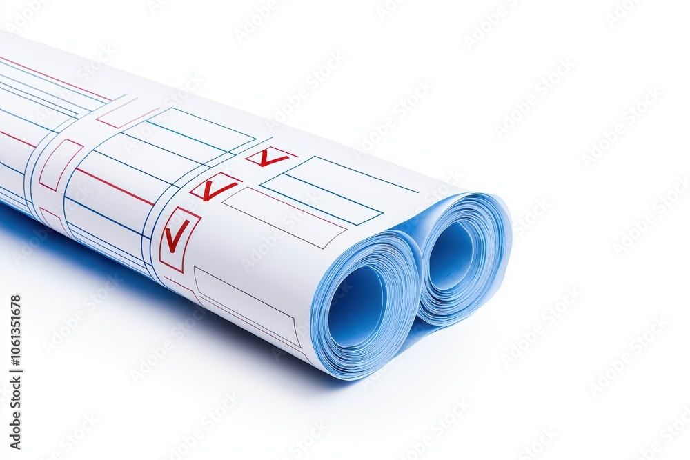 Rolled blueprints with marked sections on a white isolated background. Rolled blueprints with marked sections on a white isolated background.