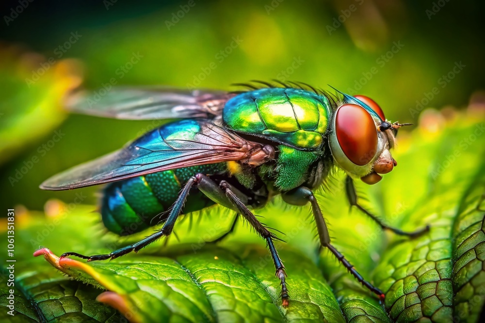 Beautiful Fly on Vibrant Green Leaf with High Depth of Field, Macro Photography, Nature's Intricacies, Insect Close-Up, Detail and Colorful Background, Entomology and Ecology Themes Beautiful Fly on Vibrant Green Leaf with High Depth of Field, Macro Photography, Nature's Intricacies, Insect Close-Up, Detail and Colorful Background, Entomology and Ecology Themes
