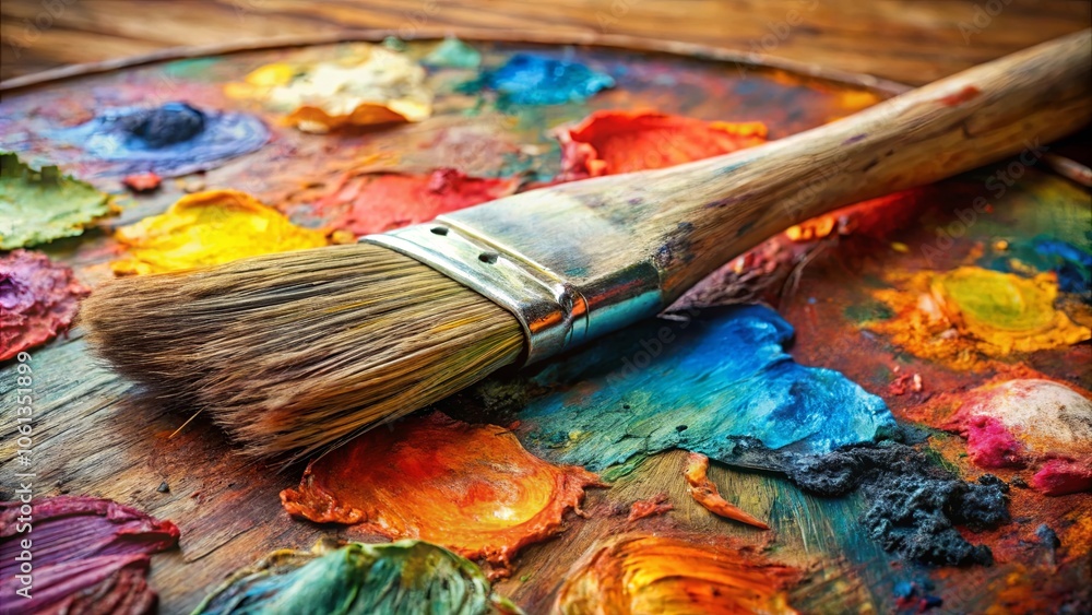 A paintbrush resting on a wooden palette with dried paint in a variety of colors, ready for the next stroke of artistic expression. A paintbrush resting on a wooden palette with dried paint in a variety of colors, ready for the next stroke of artistic expression.