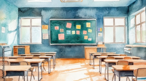 Watercolor illustration of an empty classroom with desks, chairs, a chalkboard and windows.