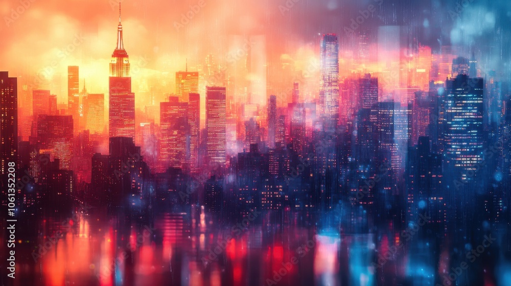 Brightly lit cityscape with skyscrapers and reflections in water Brightly lit cityscape with skyscrapers and reflections in water