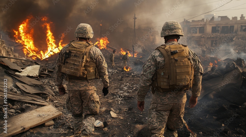 Soldiers in Midst of Destruction and Chaos During War Soldiers in Midst of Destruction and Chaos During War