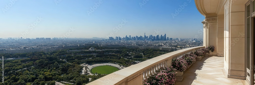 Naklejka premium A panoramic view from a balcony overlooking a city skyline and green spaces.