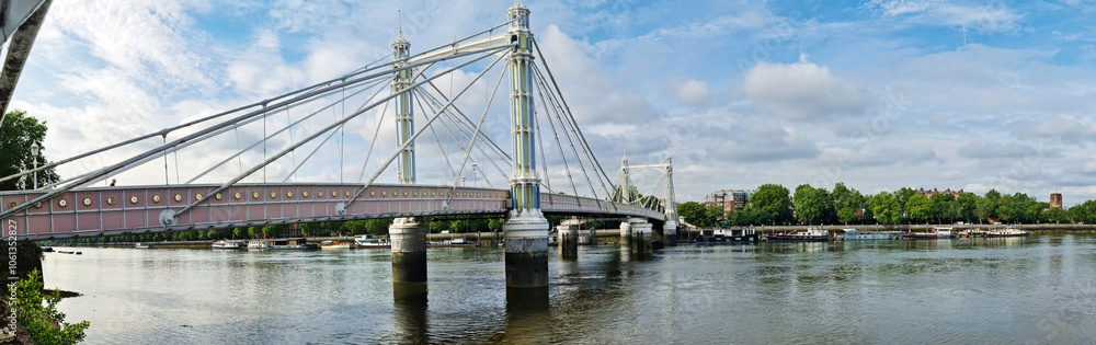 Obraz premium Wide Angle Panoramic Central Chelsea London city on river Thames Albert Bridge Road England United Kingdom. Low Angle High Resolution Image Was Captured on June 3rd, 2024